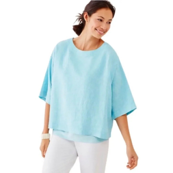 J. JILL NWOT Linen Kimono‎ Sleeve Boxy Crop Top Shirt in Baby Blue - Picture 1 of 6